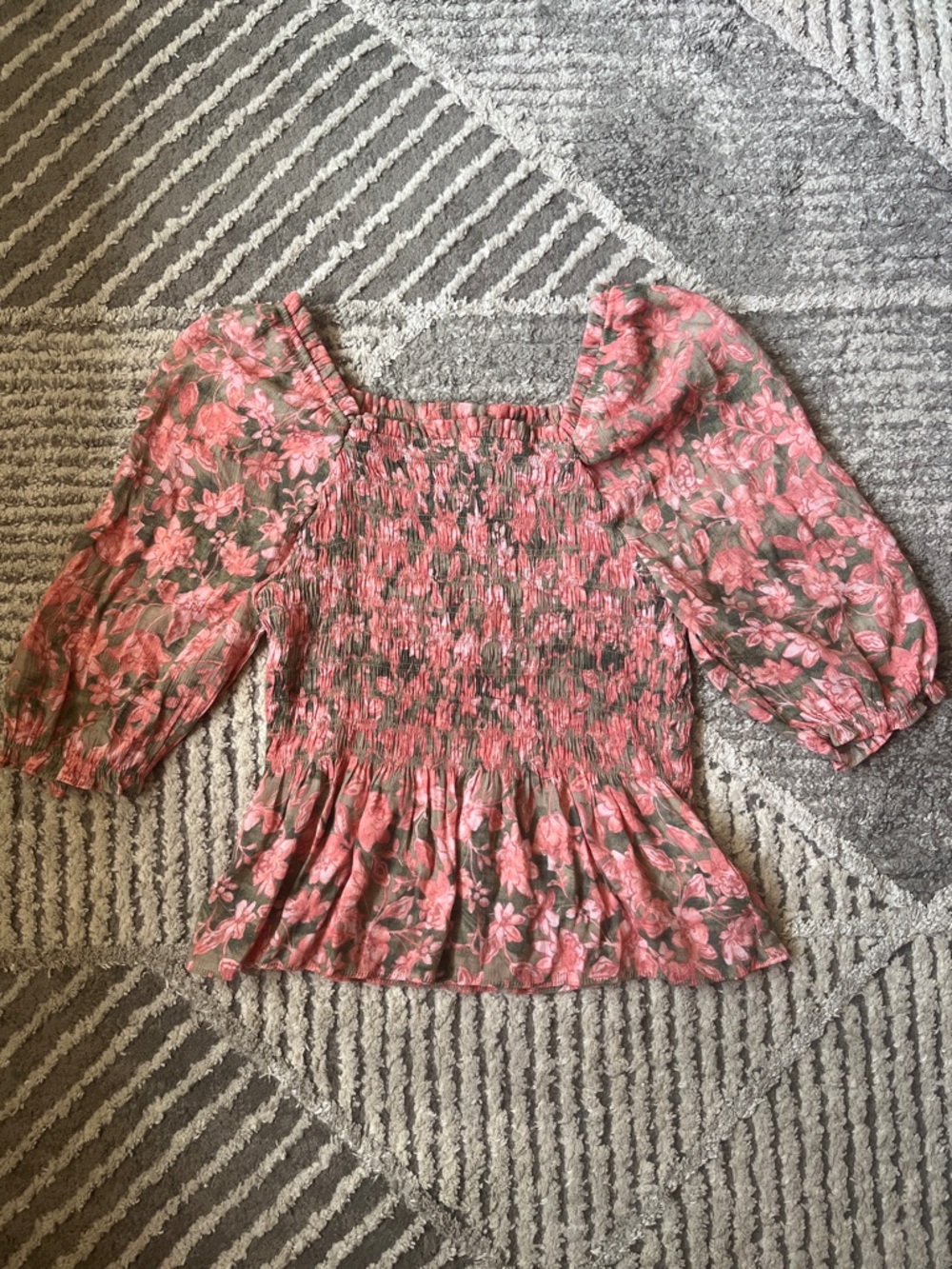 Nanette Lepore Smocked Floral Peplum Blouse Size S Boho Coquette Cottagecore